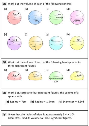 volume of sphere worksheet tes